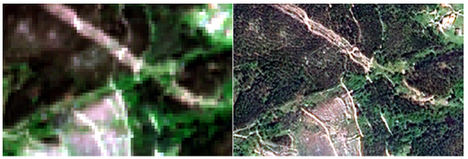 A la izqa., imagen de satélite (S2) original, tomada en abril de 2021; a la dcha., la imagen de máxima resolución lograda por Cotesa.