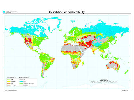 El mapa muestra en rojo las regiones más vulnerables a la desertización
