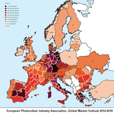 Energía fotovoltaica por habitante en Europa por regiones.
