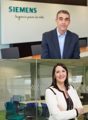 Fernando Silva, director de Siemens Smart Infrastructure para España y Portugal y Elena Gil. Directora Global de Producto y Operaciones de Negocio de IoT & Big Data de Telefónica Tech.