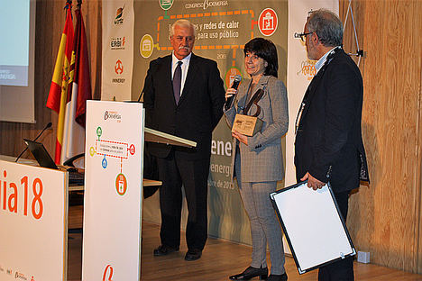 El presidente de Avebiom, Javier Díaz (izquierda), junto a la directora del Ceder-Ciemat, Raquel Ramos, tras recibir el Premio ‘Fomenta la Bionergía 2018.