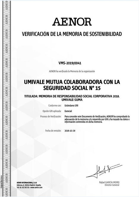 AENOR certifica por octavo año consecutivo la Memoria de Responsabilidad Social Corporativa de umivale